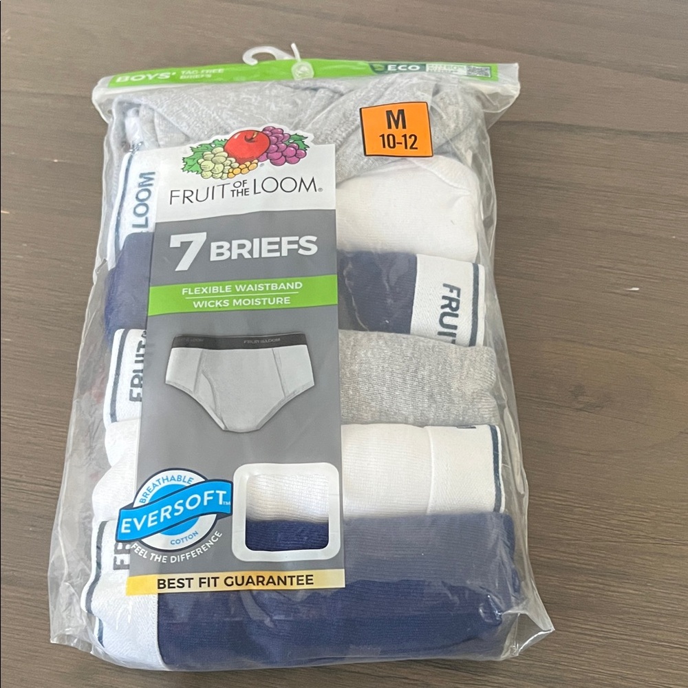 Fruit of the Loom boy’s Briefs - White, Gray, Navy. Medium 10/12. 7 pair